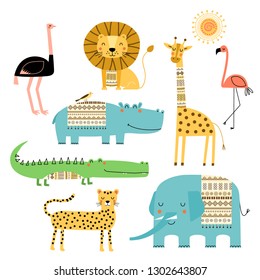 Cute African animals. Vector set of children's drawings. Traditional ornaments, ethnic and tribal motifs. Doodle style. Elephant, hippo, giraffe, crocodile, lion, cheetah, flamingo, ostrich.