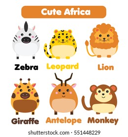 Cute african animals wildlife set. Zebra, lion, antelope, giraffe in children style, vector illustration. Stickers, educational illustrations, isolated design elements for kids books