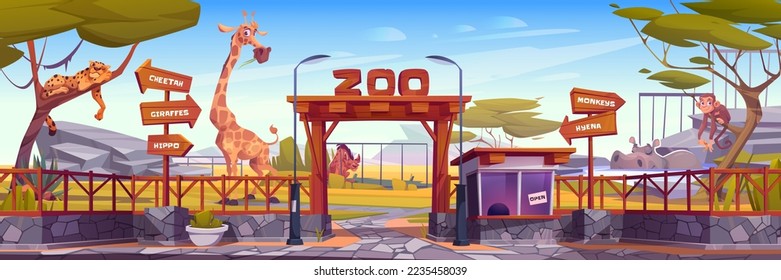 Animales africanos mugrientos en el zoológico. Entrada del parque zoológico con arco de madera, cabina de cajero con mono, jirafa, chita, hipopótamo e hiena detrás de la valla, ilustración de la caricatura vectorial