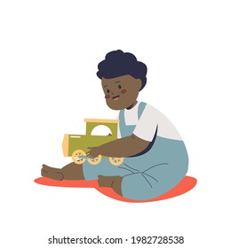 Cute african baby boy playing with toy train. Adorable newborn kid in overalls sitting and having fun with car. Children and care concept. Cartoon flat vector illustration
