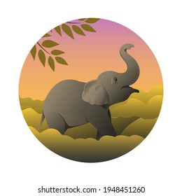 Cute African baby elephant in the wild with trees. Vector round cartoon illustration