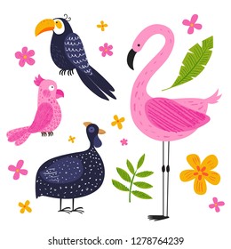 Cute African birds and flowers. Toucan, cockatoo, parrot, flamingo, guinea fowl. Vector background. Hand drawn illustration. Chalk and pencil brush texture. Funny character for kids. Isolated on white