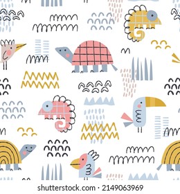 Cute African Birds And Reptiles Drawn In Cartoon Style Seamless Pattern. Turtle, Chameleon, Parrot, Toucan And Graphic Elements - Background For Kids Products, Nursery Print Etc