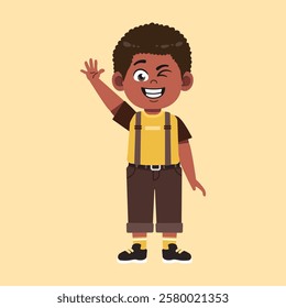 Cute African Black Boy with Afro Hair cartoon wave hand and say hello