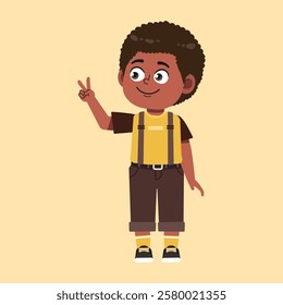 Cute African Black Boy with Afro Hair cartoon counting two, peace hand sign suitable for education purpose