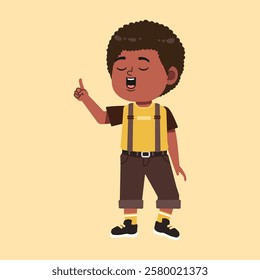 Cute African Black Boy with Afro Hair cartoon Explain and pointing Hand