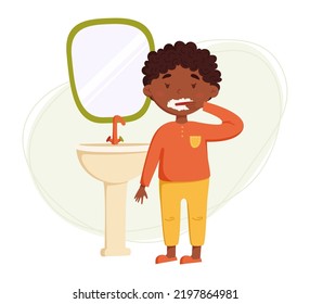 Cute niño negro africano cepillando dientes ilustración vectorial. El niño se para en el lavabo con un espejo y realiza los procedimientos del baño matutino. rutina diaria. Programar. Ilustración sobre fondo abstracto