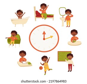 A cute african black boy in different situations vector illustration. Daily routine with orange simple watches. Schedule. Day time. Isolated on white background.