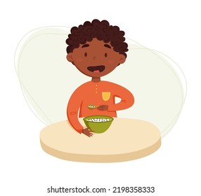 Cute african black boy having breakfast vector illustration. Child eats oatmeal with milk for breakfast. Daily routine. Schedule. Illustration on abstract background