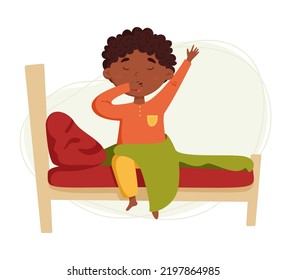 Cute african black boy wake up vector illustration. The child wakes up in his bed. Daily routine. Schedule. Illustration on abstract background