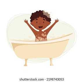 Cute african black boy washes in the bathroom vector illustration. Child having fun in a bubble bath. Daily routine. Schedule. Illustration on abstract background