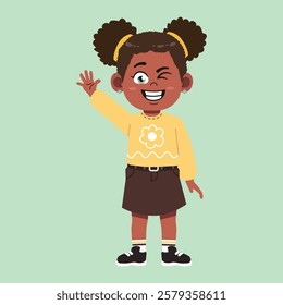 Cute African Black Girl with Afro Hair cartoon wave hand and say hello suitable for education purpose 