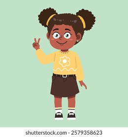 Cute African Black Girl with Afro Hair cartoon counting hand sign two suitable for education purpose