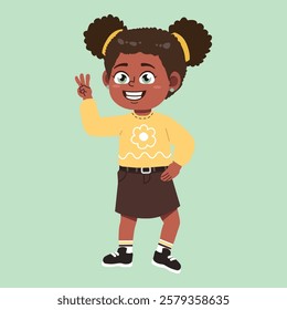 Cute African Black Girl with Afro Hair cartoon counting three hand sign suitable for education purpose