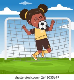 Cute African Black Girl Cartoon Character Playing Football Ball Control