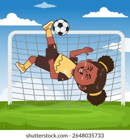 Cute African Black Girl Cartoon Character Playing Football Overhead