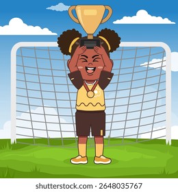 Cute African Black Girl Cartoon Character Playing Football Champion