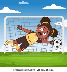 Cute African Black Girl Cartoon Character Playing Football Penalty