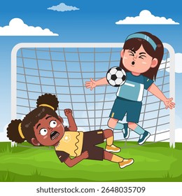 Cute African Black Girl Character Playing Football Match
