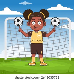 Cute African Black Girl Character Playing Football Spinning Ball