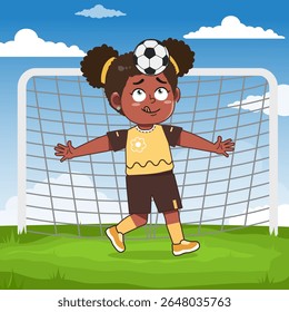 Cute African Black Girl Character Playing Football Head Control