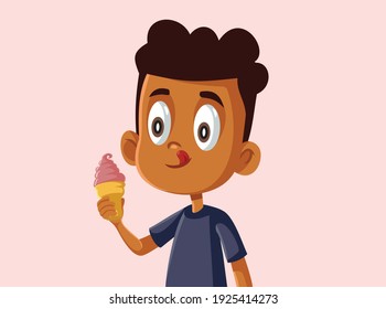 Cute African Boy Eating an Ice Cream. Funny child having a sweet to go dessert snack
