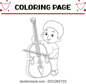 cute african boy playing violoncello with passion coloring page for kids