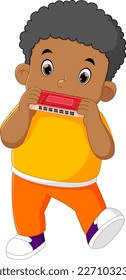 ein süßer afrikanischer Junge spielt die Mundharmonika ernsthaft Illustration