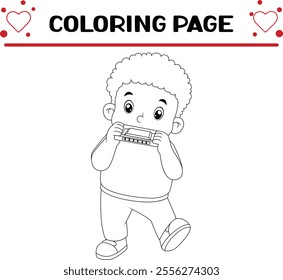 cute african boy plays harmonica seriously coloring page for kids