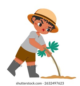 Cute african boy is pulling up cassava in farmland in harvestmoon
