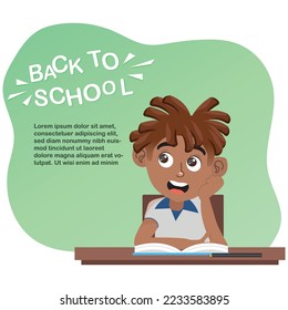 cute african boy reading a book, back to school banner with light green background.