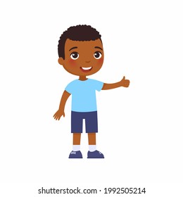 Cute African boy showing thumbs up gesture. Happy little kid, Smiling dark skin toddler, preteen child cartoon character