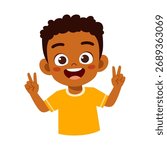 Cute African Boy Smiling and Making Peace Sign with Two Hands Isolated on White Background