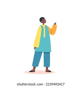 Cute African Boy Wear Traditional Clothes, Kid Kindergarten or Preteen Age, Happy Little Smiling Infant Isolated on White Background. Child Male Character of Africa. Cartoon People Vector Illustration