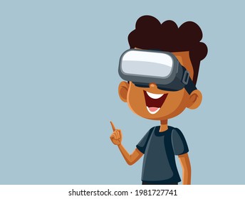 Cute African Boy Wearing VR Glasses. Funny child playing 3d games in augmented reality 
