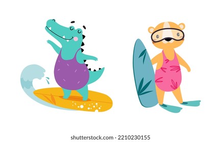 Cute African Crocodile on Surfboard Riding Wave and Lion in Flippers and Goggles Enjoying Hot Summer Vector Set