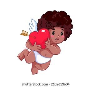 Cute African Cupid with red heart. Love and Valentine's Day symbol. Cartoon character angel. Curly-haired boy with wings. Happy baby in a diaper