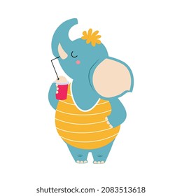 Cute African Elephant Animal in Striped Sweatshirt Drinking Cocktail with Straw Enjoying Hot Summer Activity Vector Illustration