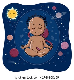 Cute African embryo in its inner space. Fetus before birth. Newborn baby sit in lotus pose vector illustration. Ohm. Meditation concept. Yoga, planets, calm and silence.