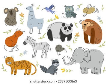 Cute African and forest animal set. Mammal and bird, predator and herbivore in hand drawn style. Outline doodle with character for wallpaper design. Cartoon flat vector isolated on white background