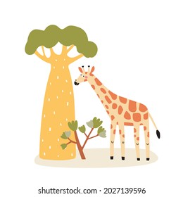 cute african giraffe and baobab tree, vector illustration in cartoon style