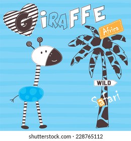 cute african giraffe with palm tree striped background vector illustration