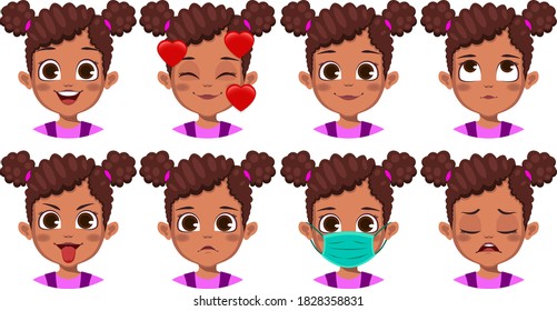 cute African girl with different facial expression set Vector