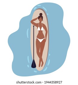 Cute African girl dressed in white swimwear lying on surfboard next to paddle with sea water background. Beautiful black woman sunbathing, summer vibes concept. Vacation at seaside resort. Flat vector illustration