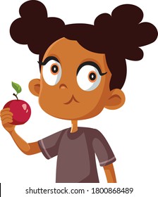 Cute African Girl Eating an Apple Vector Cartoon. Child having healthy snack at school lunch break
