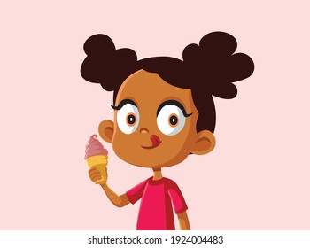 Cute African Girl Eating An Ice Cream. Funny Child Having A Sweet To Go Dessert Snack
