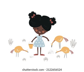 Cute african girl feeds the poultry. The child gives grain to the chickens. Vector illustration.