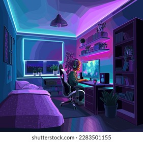 Cute african girl gamer or streamer with a headset sits in front of a computer in her cozy teenage neon lit room. Side view, cartoon anime style. Vector character in anime style