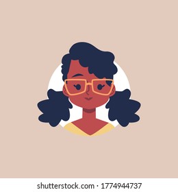 Cute African Girl With Glasses - Flat Avatar Portrait Inside Circle Frame. Cartoon Child With Black Hair And Tan Skin Smiling - Isolated Vector Illustration.