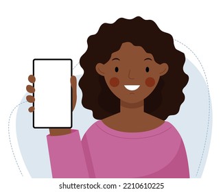 A cute african girl holds a phone in her hands. The woman shows an empty phone and smiling. Vector flat illustration